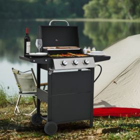 Propane Gas Grill 3 Burner Barbecue Grill, Stainless Steel 26,000 BTU Patio Garden Barbecue Grill With Two Shelves, Lid, Wheels And Bottle Opener
